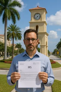 Concerned business owner in Boca Raton holding an IRS audit letter near Mizner Park clock tower.