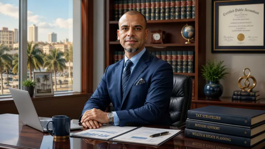 Professional CPA in office setting, showcasing tax strategies, business advisory, and wealth planning services, with city skyline visible through window, emphasizing trusted CPA services for business owners in Hialeah, FL.
