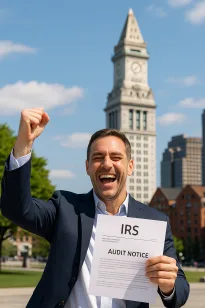 Man in Boston celebrating victory after winning an IRS audit, holding IRS notice with the Custom House Tower in the background.