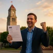 Smiling man in Quincy, MA celebrating IRS resolution with Granite Trust Company Building in the background.