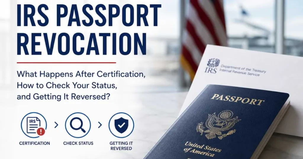 IRS passport revocation guide featuring a U.S. passport, IRS envelope, and icons for certification, checking status, and reversing revocation.