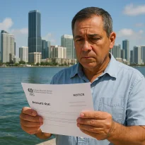 Worried man in Miami holding IRS notice with the Miami skyline in the background