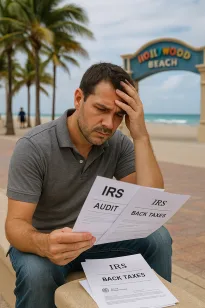 Worried man in Hollywood, FL holding IRS audit and back taxes letters near Hollywood Beach landmark.