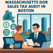 Boston business sales tax audit illustration with CPA, POS system, and Boston skyline featuring Prudential and Hancock Towers