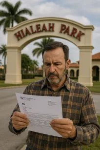 Business owner in Hialeah, FL reviewing an IRS tax notice in front of the Hialeah Park landmark.