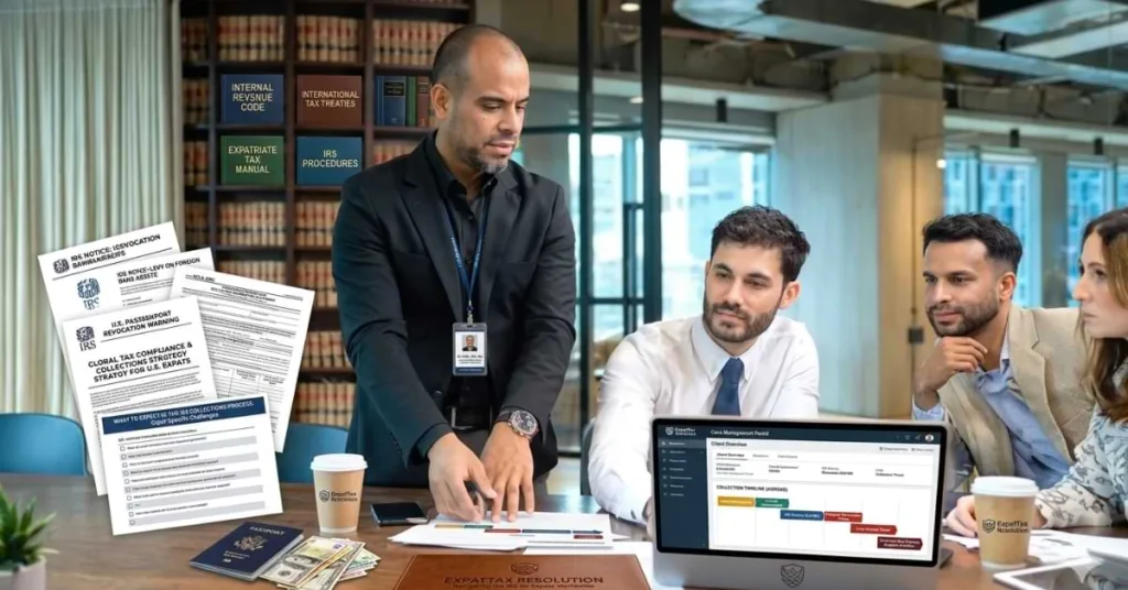 Professional CPA advising clients on IRS collections process, with tax documents and laptop displaying expat tax resolution strategies in a modern office setting.