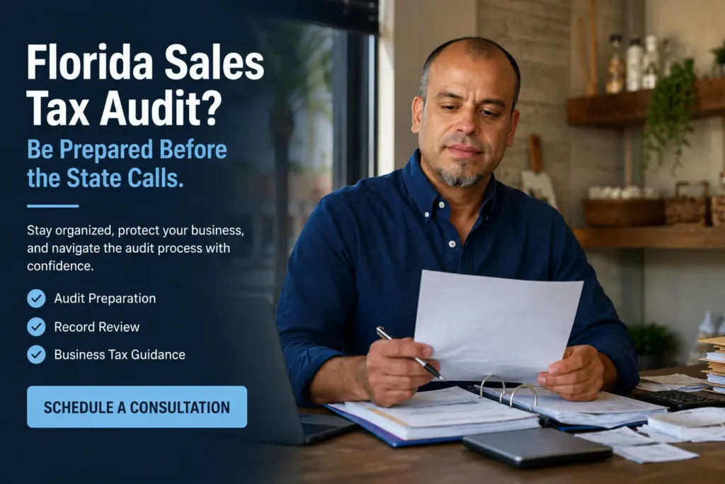 Florida small business owner organizing records and receipts to prepare for a state sales tax audit