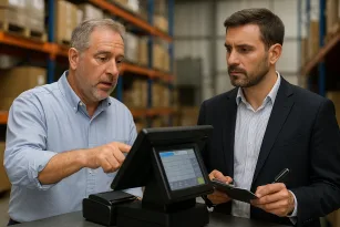 Business owner demonstrating point-of-sale system to an auditor inside a warehouse during a Florida DOR sales tax audit.