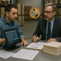 Business owner presenting paper bank statements and POS reports to a Florida DOR auditor during a sales tax audit in a warehouse office.