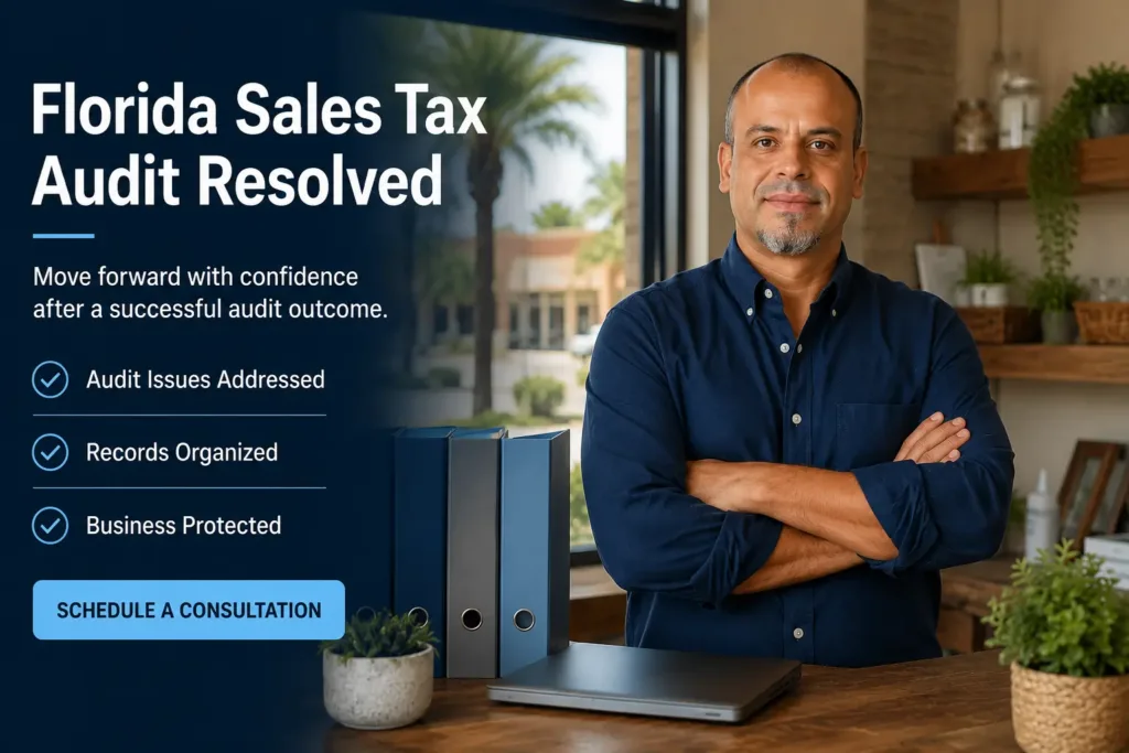 Florida DOR Sales Tax Audit Help: A Success Story- Ed Parsons, CPA Florida small business owner standing calmly with organized records after resolving a state sales tax audit