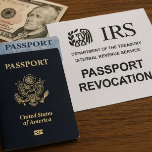 U.S. passport on a wooden desk next to an IRS notice labeled “Passport Revocation,” symbolizing IRS tax debt enforcement.