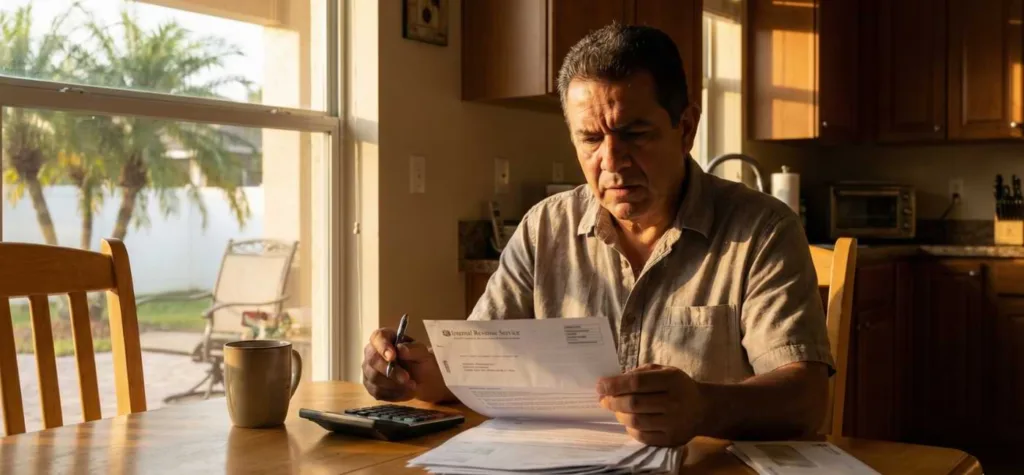 A 45-year-old professional man sitting at a desk with a laptop, looking concerned while reading an open IRS letter in a home office