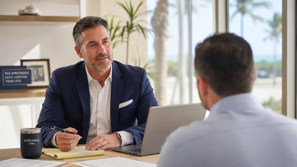 CPA consultation in a modern office setting, discussing tax strategies, with a focus on personalized service and client engagement.