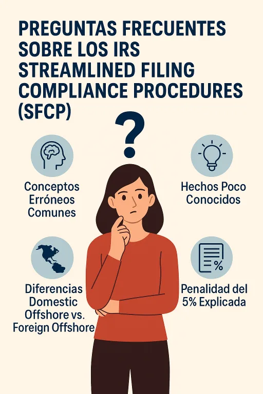 preguntas 2025 IRS streamlined filing compliance procedures Infografía en español sobre los IRS Streamlined Filing Compliance Procedures (SFCP), destacando conceptos erróneos comunes, hechos poco conocidos, diferencias Domestic Offshore vs. Foreign Offshore y la penalidad del 5%