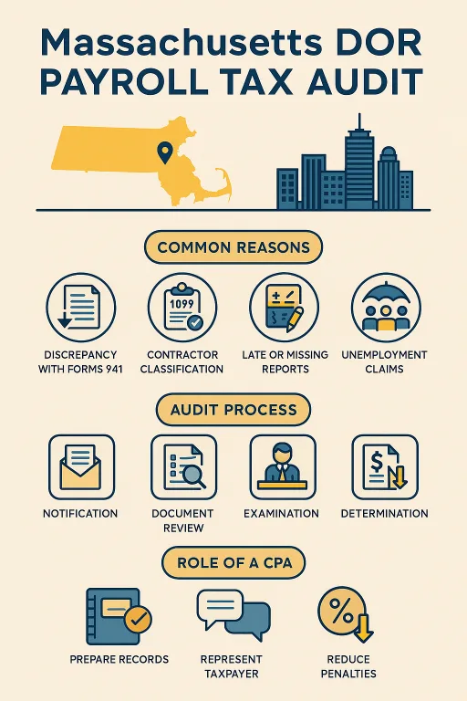 Infografía en inglés y español sobre Massachusetts DOR Payroll Tax Audit. Incluye mapa de Massachusetts, razones comunes de auditoría (discrepancias con Forms 941, clasificación de contratistas 1099, reportes tardíos, reclamos de desempleo), proceso de auditoría (notificación, revisión de documentos, examen, determinación) y rol de un CPA (preparar registros, representar al contribuyente, reducir penalidades).