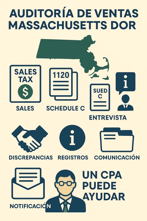 Infografía en español sobre auditoría de ventas Massachusetts DOR. Incluye mapa del estado, íconos de sales tax, formularios 1120 y Schedule C, entrevista, discrepancias, registros, comunicación, notificación y un CPA que puede ayudar.