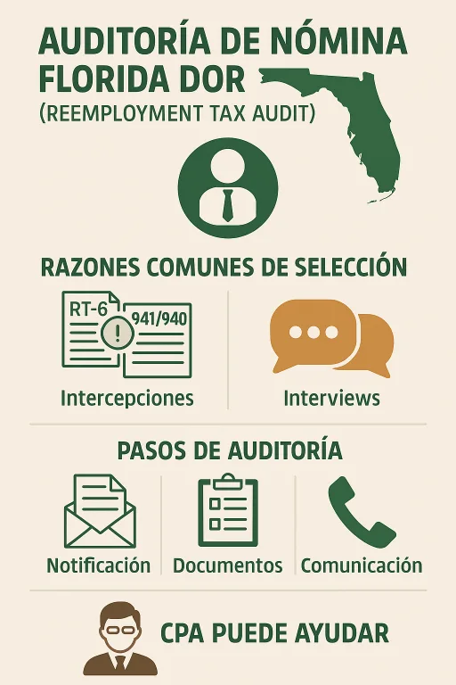 Ayuda con auditoría de nómina Florida DOR auditoría de nómina Florida DOR (reemployment tax audit). Incluye mapa de Florida, formularios RT-6 y 941/940, iconos de notificación, documentos y comunicación, y sección final mostrando cómo un CPA puede ayudar