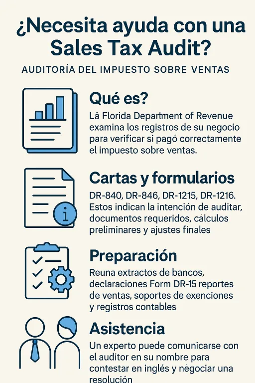 Ayuda Auditoria Sales Tax Audit Infografía en español sobre ayuda con Sales Tax Audit en Florida, explicando qué es, qué cartas y formularios se reciben (DR-840, DR-846, DR-1215, DR-1216), cómo prepararse con registros y cómo obtener asistencia profesional