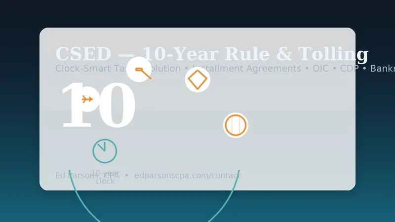 CSED — IRS 10-year rule and tolling: timeline with icons for pause (tolling), CDP shield, court gavel, and overseas plane. Ed Parsons, CPA.