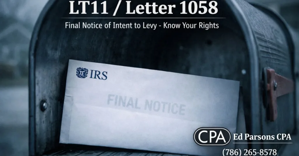irs final notice intent to levy mailbox An IRS Final Notice of Intent to Levy envelope waiting in a home mailbox