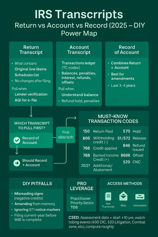 The Definitive (Advanced) Guide to IRS Transcripts – 2025 Infographic comparing IRS Return, Account, and Record of Account transcripts with key codes and DIY tips