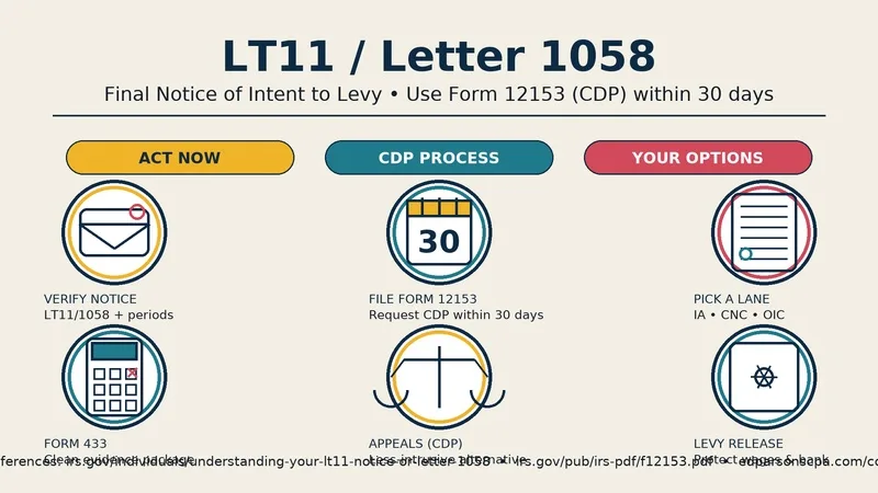 LT11 Letter 1058: Stop IRS Levy Form 12153 CDP Rights Featured infographic: LT11/Letter 1058 Final Notice—use Form 12153 (CDP) within 30 days to stop wage or bank levies and secure a release.