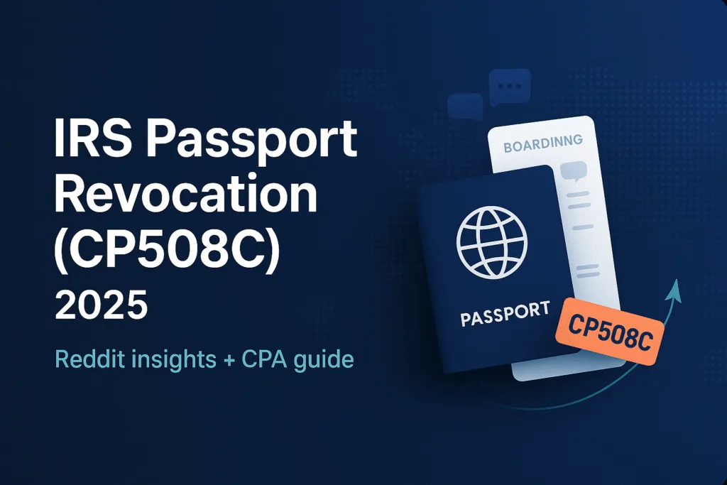 U.S. passport and boarding pass with a CP508C tag on a dark blue hero background; hero image for a 2025 guide on Reddit IRS passport revocation.