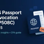 Reddit IRS Passport Revocation (2025): CP508C Guide U.S. passport and boarding pass with a CP508C tag on a dark blue hero background; hero image for a 2025 guide on Reddit IRS passport revocation.