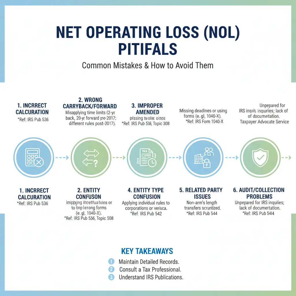 Infographic titled 'Net Operating Loss (NOL) Pitfalls' showing 6 common mistakes: 1. Incorrect Calculation, 2. Wrong Carryback/Carryforward, 3. Improper Amended Returns, 4. Entity Type Confusion, 5. Related Party Issues, 6. Audit/Collection Problems. Each pitfall links to relevant IRS publications (e.g., Pub 536, Form 1040-X, Pub 542, Pub 544). Key takeaways emphasize maintaining detailed records, consulting a Net Operating Loss CPA, and understanding IRS rules for IRS tax resolution.