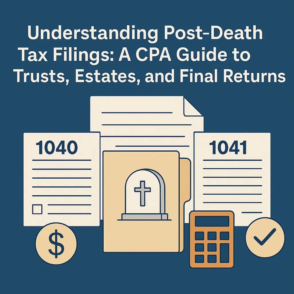 Estate and trust tax documents including Form 1040 and Form 1041 with calculator and dollar icons