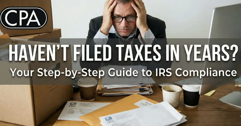 Frustrated man with glasses surrounded by tax documents and coffee cups, emphasizing the urgency of filing taxes and IRS compliance.