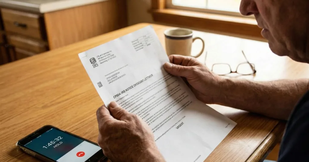 Person reading CP504 IRS notice letter while on hold on phone, emphasizing urgent tax resolution issues amidst IRS workforce reduction.