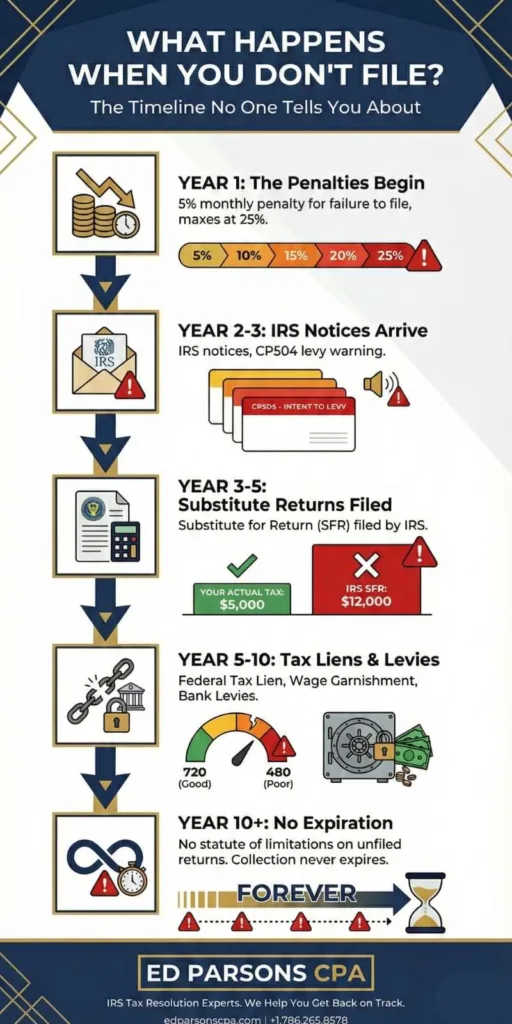 unfiled taxes timeline infographic ed parsons cpa (1) geotagged Timeline infographic showing IRS consequences of unfiled taxes from year 1 through 10+, including penalties, substitute returns, liens, and levies by Ed Parsons CPA