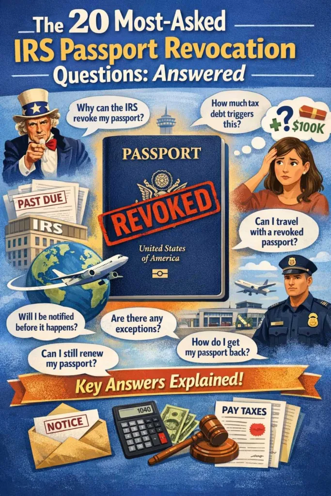 Infographic titled "The 20 Most-Asked IRS Passport Revocation Questions: Answered," featuring a revoked passport, Uncle Sam, a woman with questions, and a border patrol officer, illustrating key concerns about IRS passport revocation and tax debt implications.
