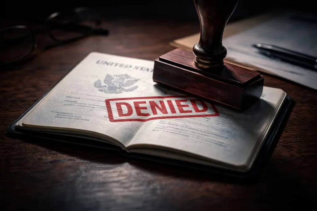 Denied stamp on a United States passport, illustrating IRS passport revocation implications for Americans abroad.