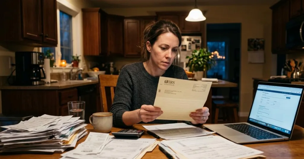 Woman reading IRS letter at kitchen table with tax documents and laptop, illustrating concerns about federal tax lien and tax resolution.
