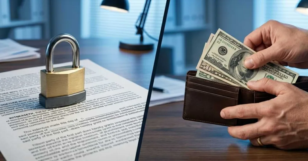 Lock on legal documents with hands holding cash, illustrating financial security and tax resolution concepts related to federal tax liens and levies.