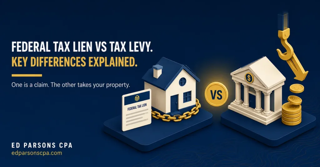 Federal Tax Lien vs. Tax Levy - What's the Difference? Side-by-side infographic comparing a federal tax lien and a tax levy, showing that a lien is a legal claim against property while a levy is the IRS taking assets to satisfy unpaid taxes.