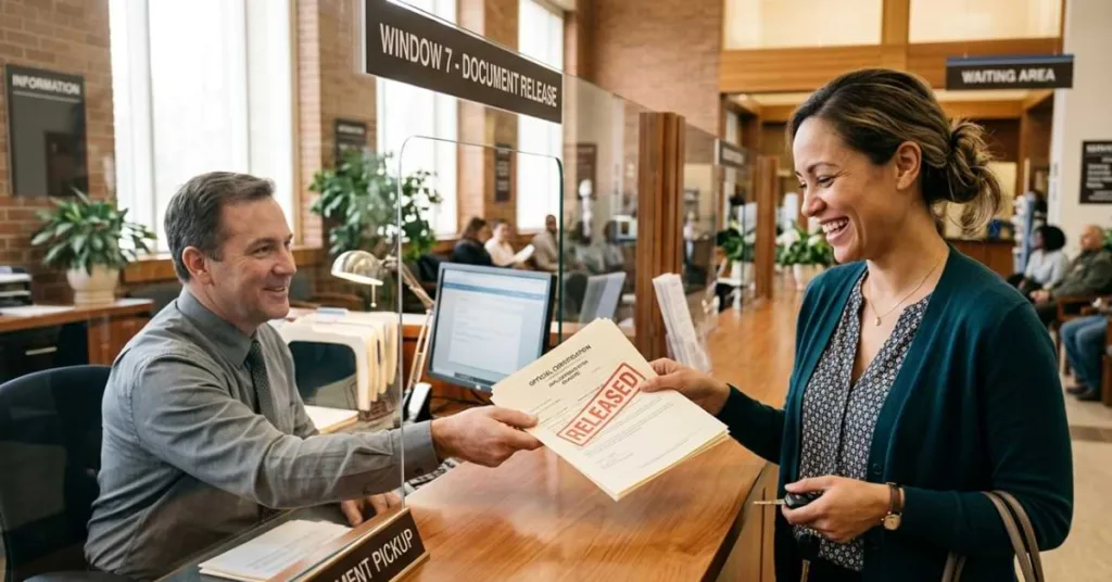 Woman smiling at a service counter holding a document marked "RELEASED," with a staff member assisting in a public office setting, relevant to IRS tax lien release processes.