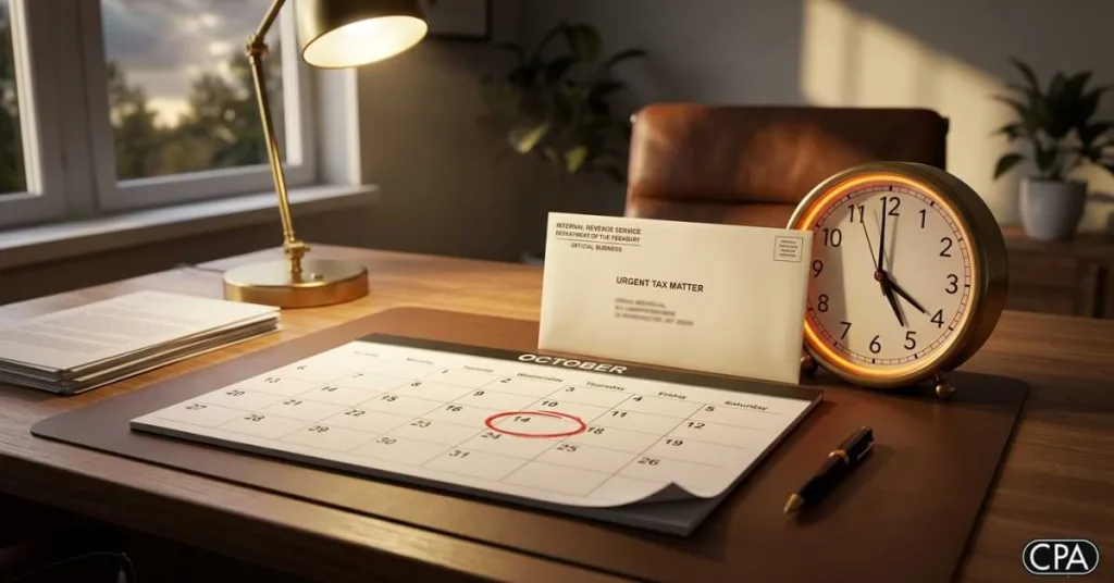 Desk with calendar marking October 14, urgent IRS tax notice, clock, and lamp, emphasizing tax deadlines and IRS collections process.