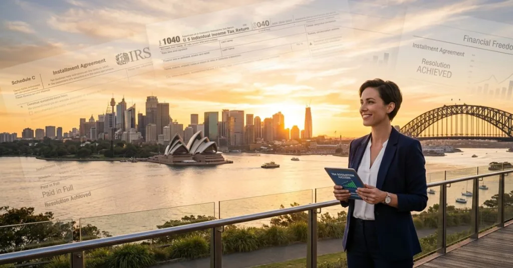 Person in business attire holding IRS tax documents with Sydney skyline and harbor in the background, symbolizing IRS tax resolution services for Americans living in Australia.