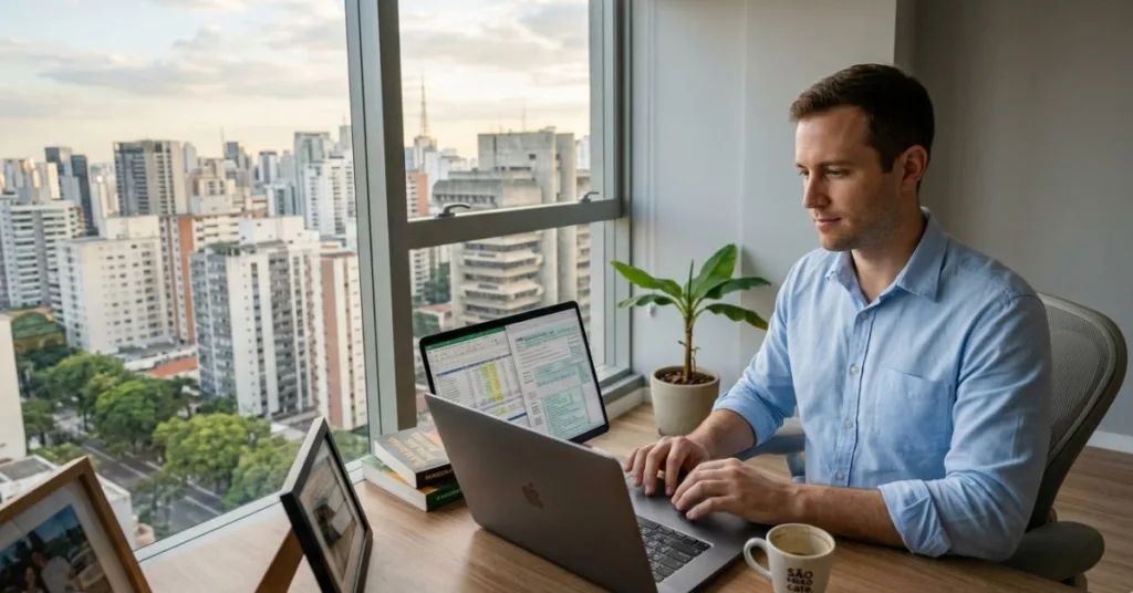 Person working on a laptop in a modern office with a cityscape view, representing IRS tax resolution services for Americans living in Brazil.