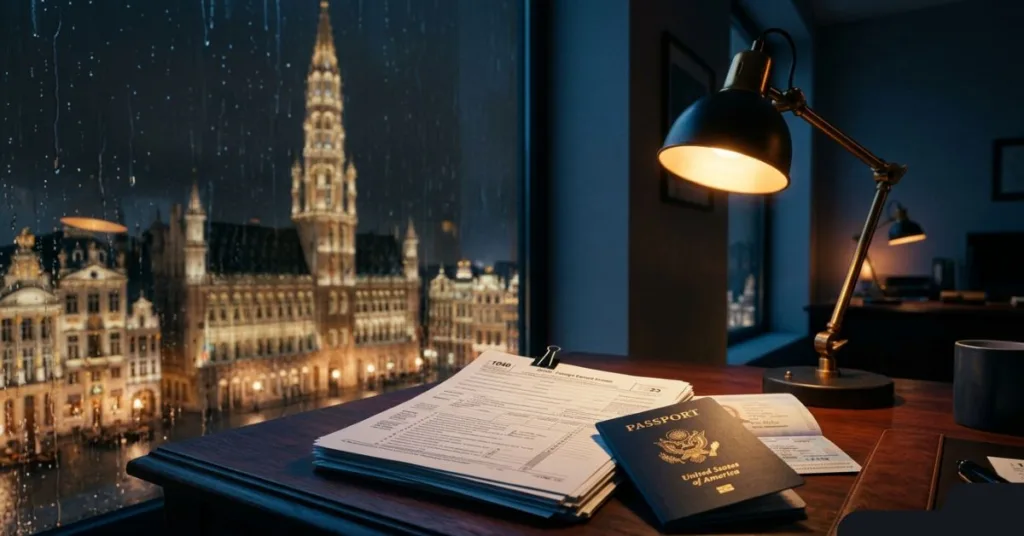 Desk with U.S. passport, tax documents, and lamp, overlooking rainy Brussels, highlighting IRS tax resolution services for Americans abroad.