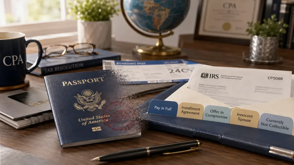 US passport being restored after CP508R reversal showing five IRS resolution paths to decertify seriously delinquent tax debt