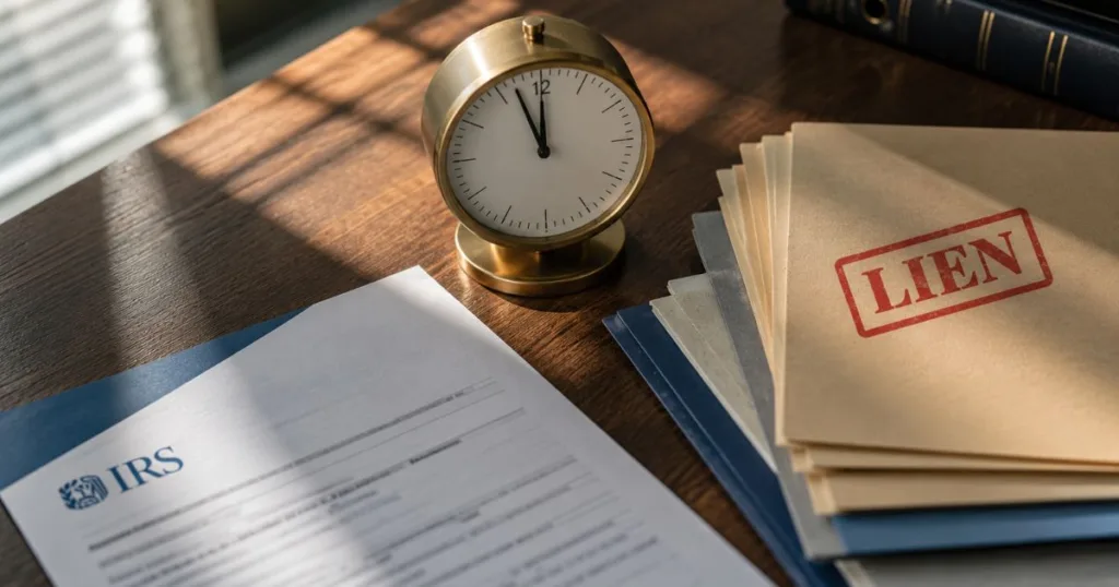 IRS tax documents with "LIEN" stamped, clock indicating urgency, representing federal tax lien implications in bankruptcy.