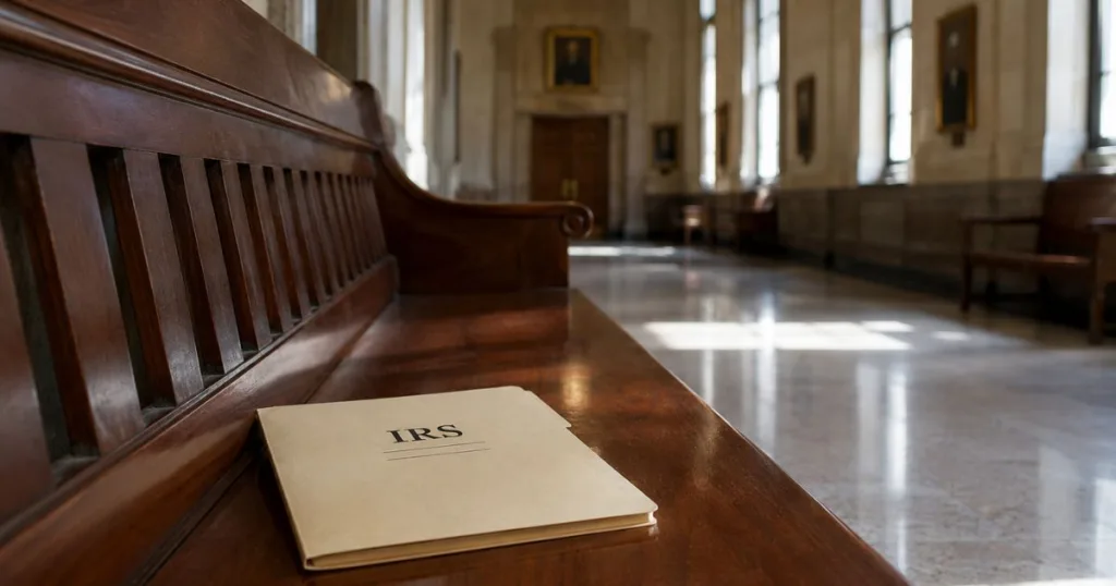 IRS document on wooden bench in courthouse, symbolizing federal tax liens and bankruptcy discussions.