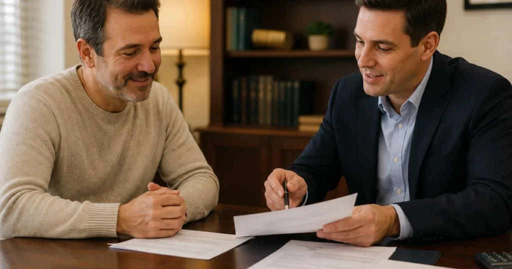 Two men discussing financial documents at a table, one in a suit reviewing papers while the other, in a sweater, smiles, illustrating tax consultation related to IRS lien resolution.