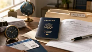 CPA desk with US passport and IRS Form 14794 representing hardship exclusions and emergency expedited decertification from passport revocation