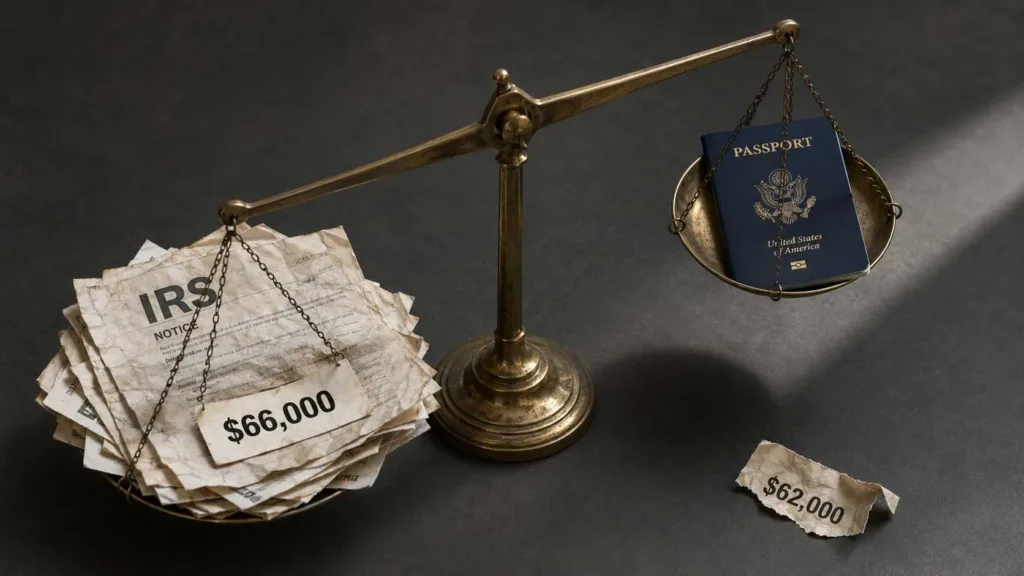 Brass balance scale weighing $66,000 IRS tax debt against a U.S. passport, with a discarded $62,000 paper strip beside it.