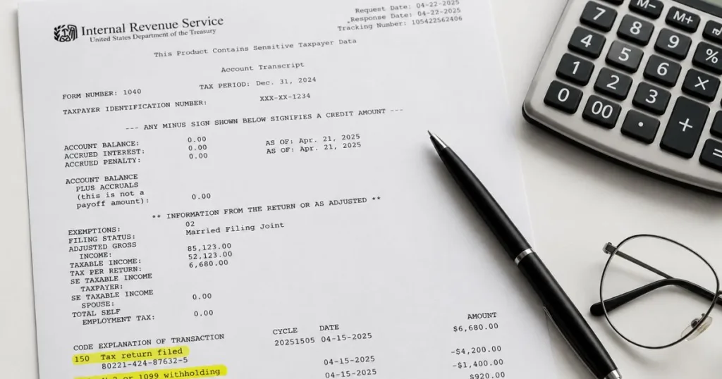 IRS account transcript with highlighted transaction codes 150, 806, 766, and 768, calculator, and pen on a desk, relevant to tax filing and IRS processes.